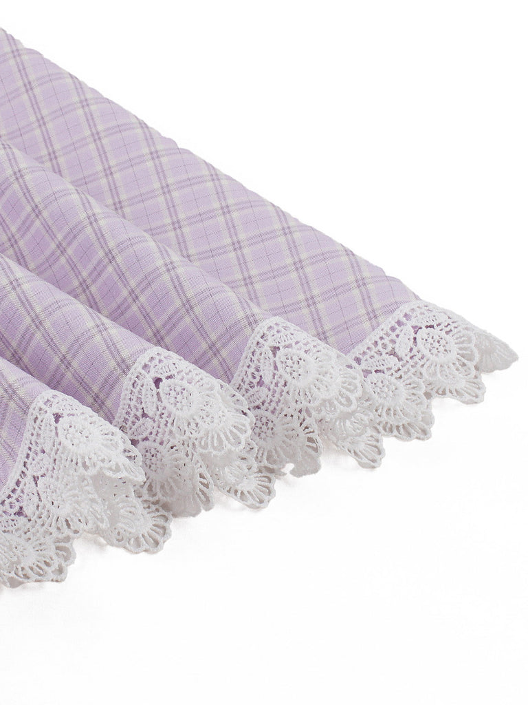Abito Lavanda Anni '50 a Quadri con Scollo All'americana e Schiena Scoperta e Pizzo Patchwork 7