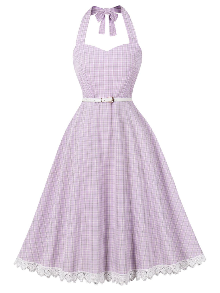 Abito Lavanda Anni '50 a Quadri con Scollo All'americana e Schiena Scoperta e Pizzo Patchwork 2