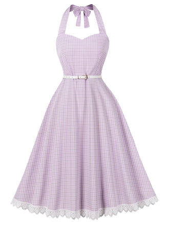 Abito Lavanda Anni '50 a Quadri con Scollo All'americana e Schiena Scoperta e Pizzo Patchwork 2