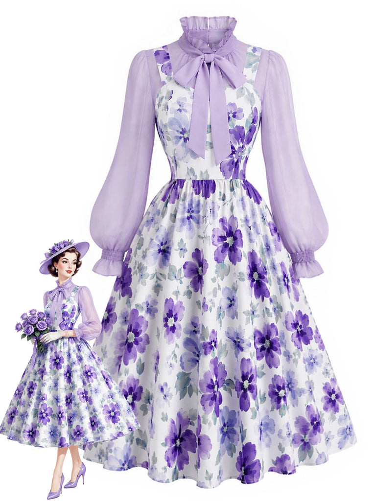 [Prevendita] 2PCS Completo con camicetta lavanda dal collo con fiocco e abito a stampa floreale minuta Anni '50