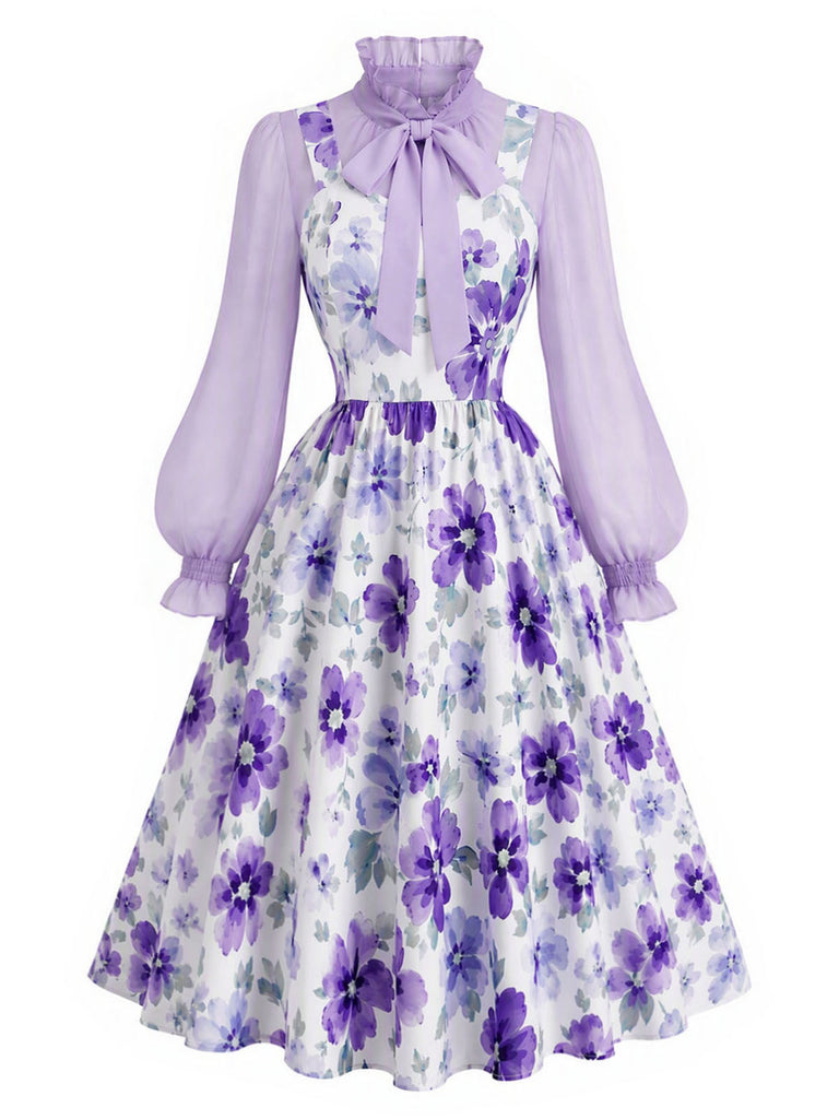 [Prevendita] 2PCS Completo con camicetta lavanda dal collo con fiocco e abito a stampa floreale minuta Anni '50 2