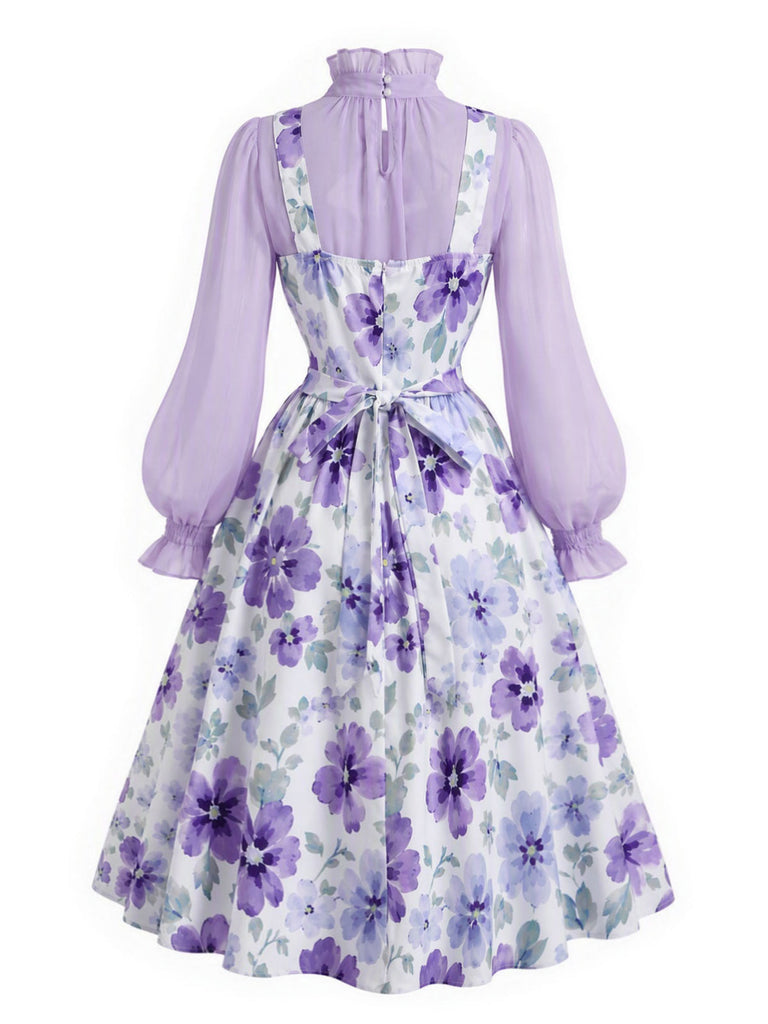 [Prevendita] 2PCS Completo con camicetta lavanda dal collo con fiocco e abito a stampa floreale minuta Anni '50 4