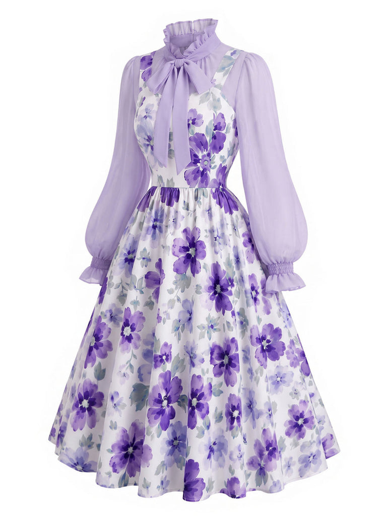 [Prevendita] 2PCS Completo con camicetta lavanda dal collo con fiocco e abito a stampa floreale minuta Anni '50 3