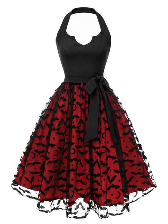 [Prevendita] Abito Rosso e Nero Anni '50 di Halloween in Tulle con Pipistrelli Scollo All'americana e Fiocco 2