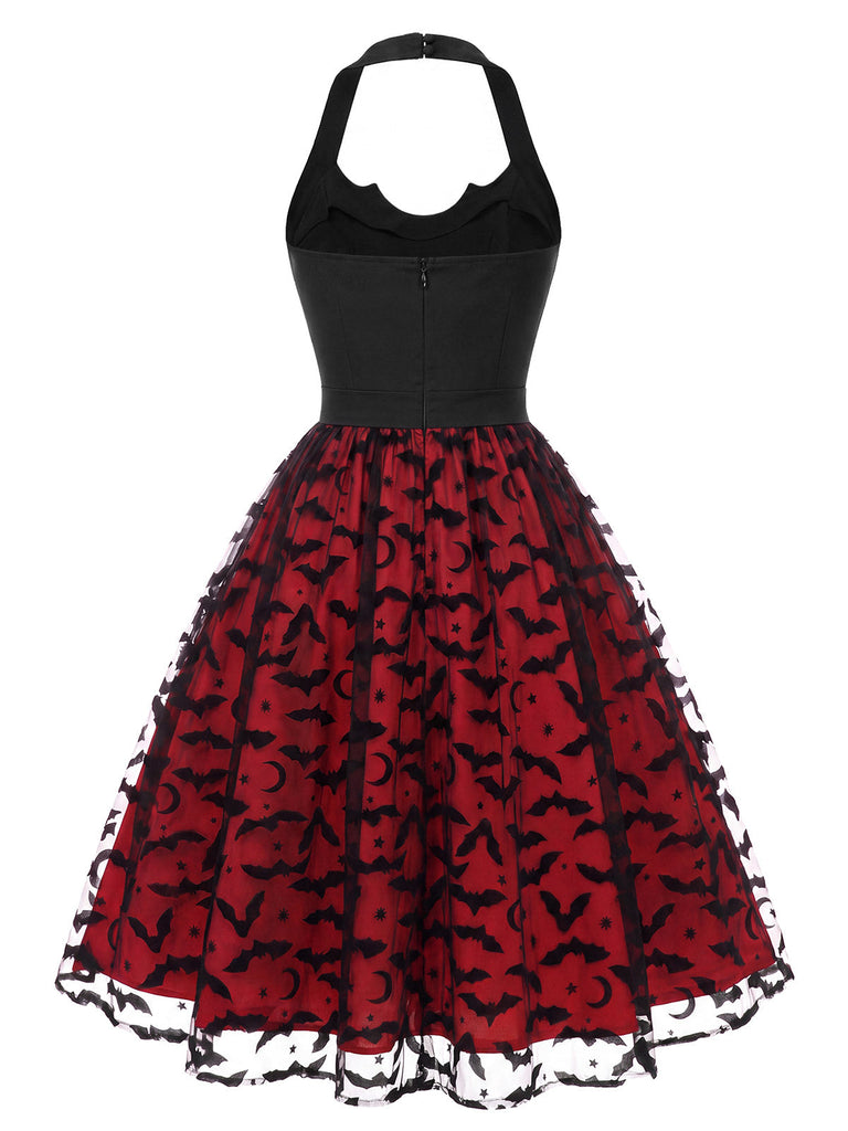 [Prevendita] Abito Rosso e Nero Anni '50 di Halloween in Tulle con Pipistrelli Scollo All'americana e Fiocco 4