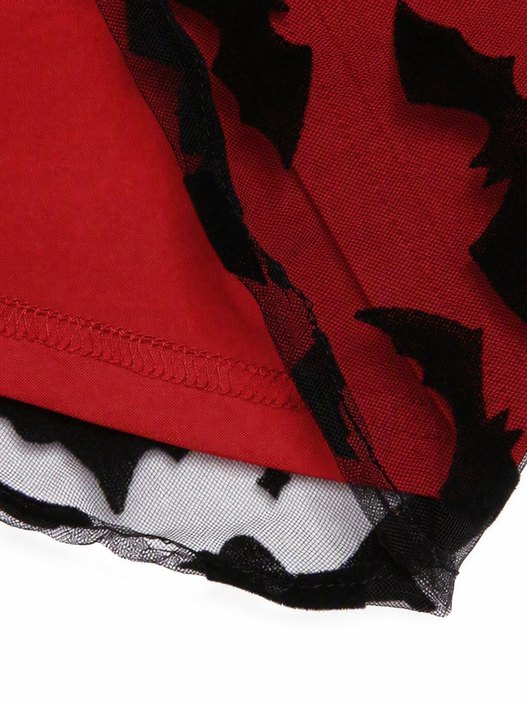 [Prevendita] Abito Rosso e Nero Anni '50 di Halloween in Tulle con Pipistrelli Scollo All'americana e Fiocco 6