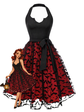 [Prevendita] Abito Rosso e Nero Anni '50 di Halloween in Tulle con Pipistrelli Scollo All'americana e Fiocco