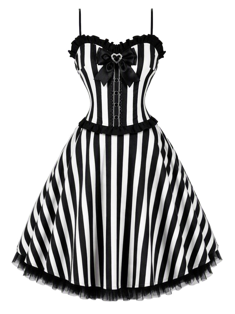 [Prevendita] Abito a Ruota Nero e Bianco Anni '50 in Tulle a Righe con Fiocco e Spalline Sottili 2
