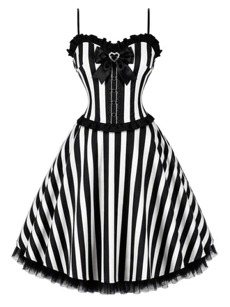 [Prevendita] Abito a Ruota Nero e Bianco Anni '50 in Tulle a Righe con Fiocco e Spalline Sottili 2