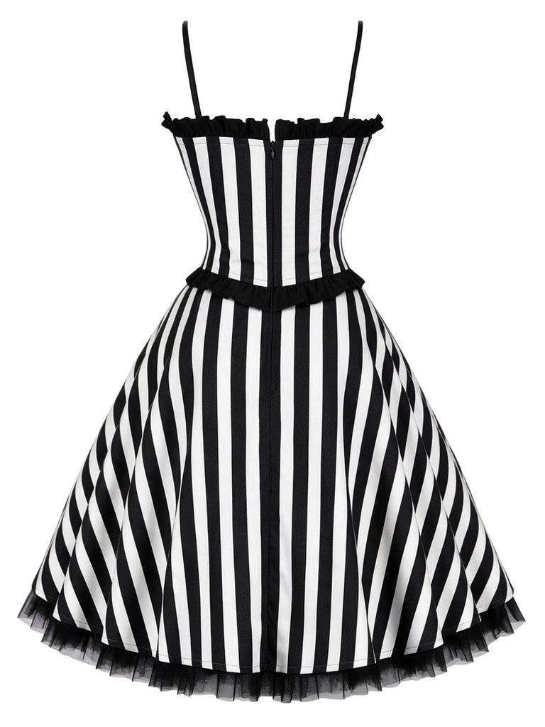 [Prevendita] Abito a Ruota Nero e Bianco Anni '50 in Tulle a Righe con Fiocco e Spalline Sottili 3