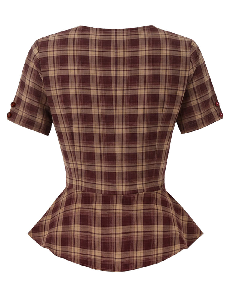 [Prevendita] Completo di Due Pezzi Rosso Anni '50 con Top Peplo a Quadri con Scollo a Diamante e Gonna