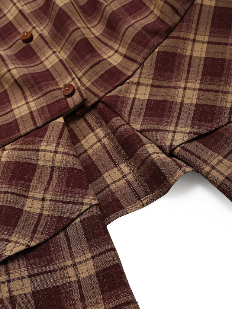 [Prevendita] Completo di Due Pezzi Rosso Anni '50 con Top Peplo a Quadri con Scollo a Diamante e Gonna