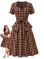 [Prevendita] 2PCS Top Rosso Anni '50 a Quadri a Peplo e Scollo a Cuore e Gonna
