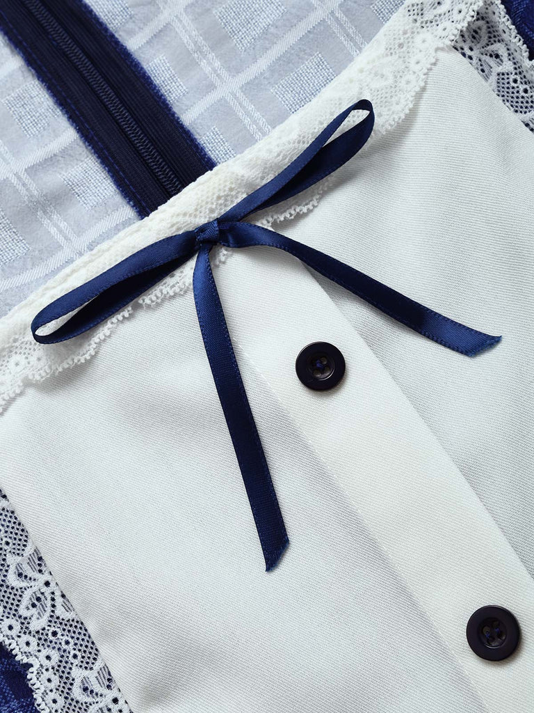 [Prevendita] Abito Blu Anni '50 a Quadri con Bordo in Pizzo Scollo Quadrato e Maniche a Sbuffo