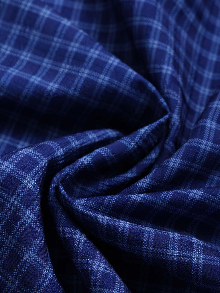 [Prevendita] Abito Blu Anni '50 a Quadri con Bordo in Pizzo Scollo Quadrato e Maniche a Sbuffo