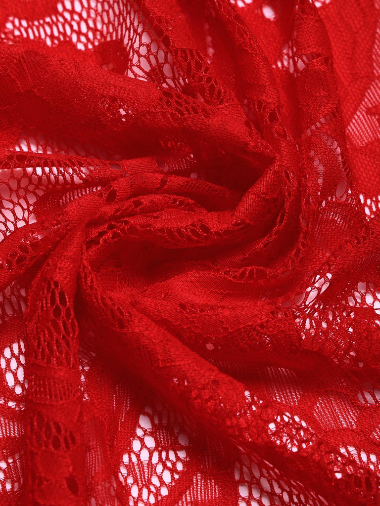 [Prevendita] Abito a Ruota Rosso Anni '50 Floreale in Pizzo con Scollo a Cuore e Fiocco