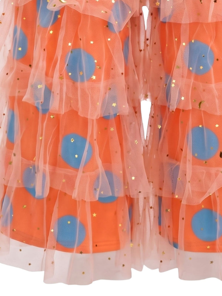 Pantaloni Arancioni Anni '70 Disco a Pois in Tulle a Strati con Volant 3