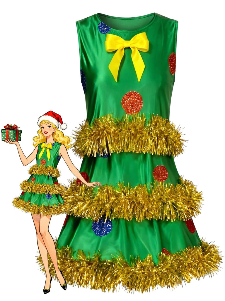 Abito Verde Anni '70 con Albero di Natale in Orpello Senza Maniche