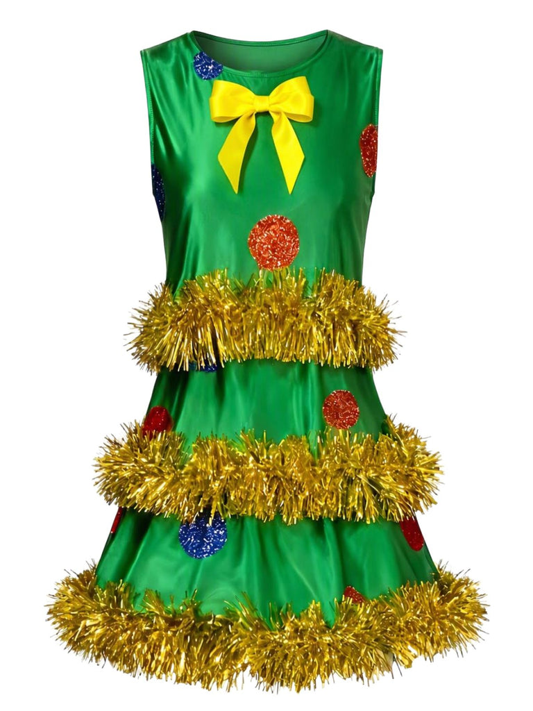 Abito Verde Anni '70 con Albero di Natale in Orpello Senza Maniche