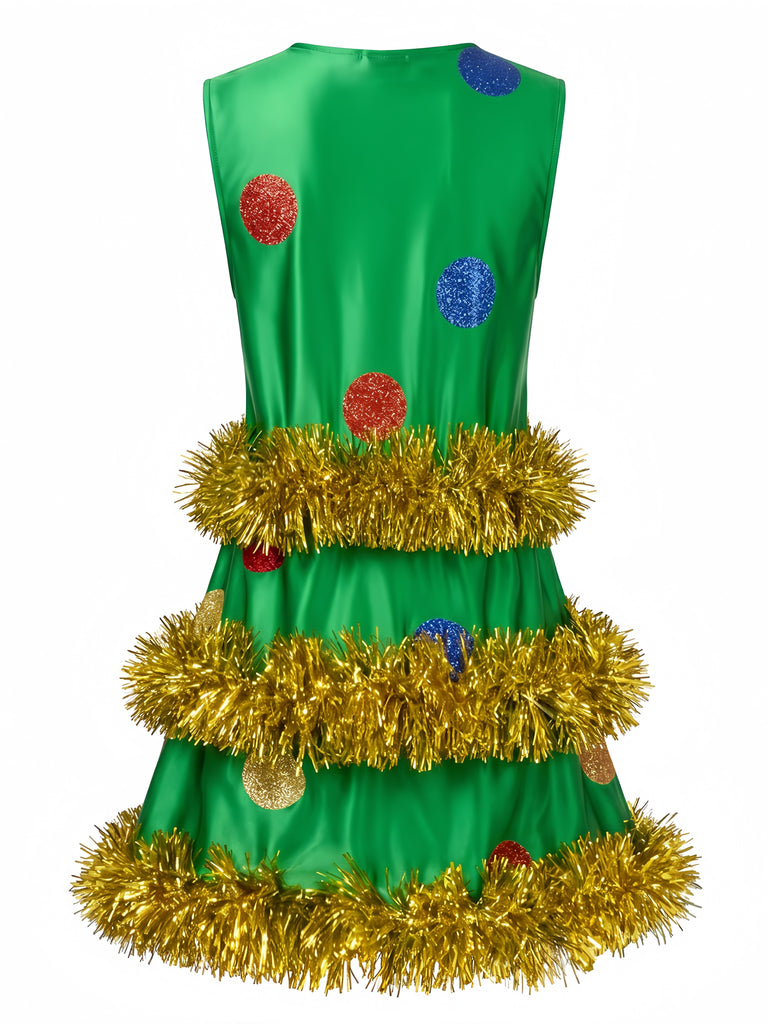 Abito Verde Anni '70 con Albero di Natale in Orpello Senza Maniche