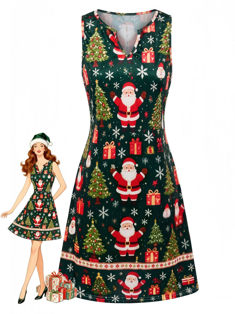 Abito Verde Anni '60 Natalizio con Stampa di Babbo Natale e Scollo a V e Senza Maniche