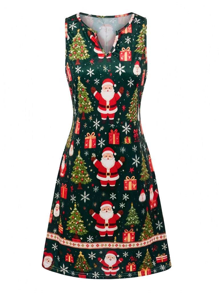 Abito Verde Anni '60 Natalizio con Stampa di Babbo Natale e Scollo a V e Senza Maniche 2