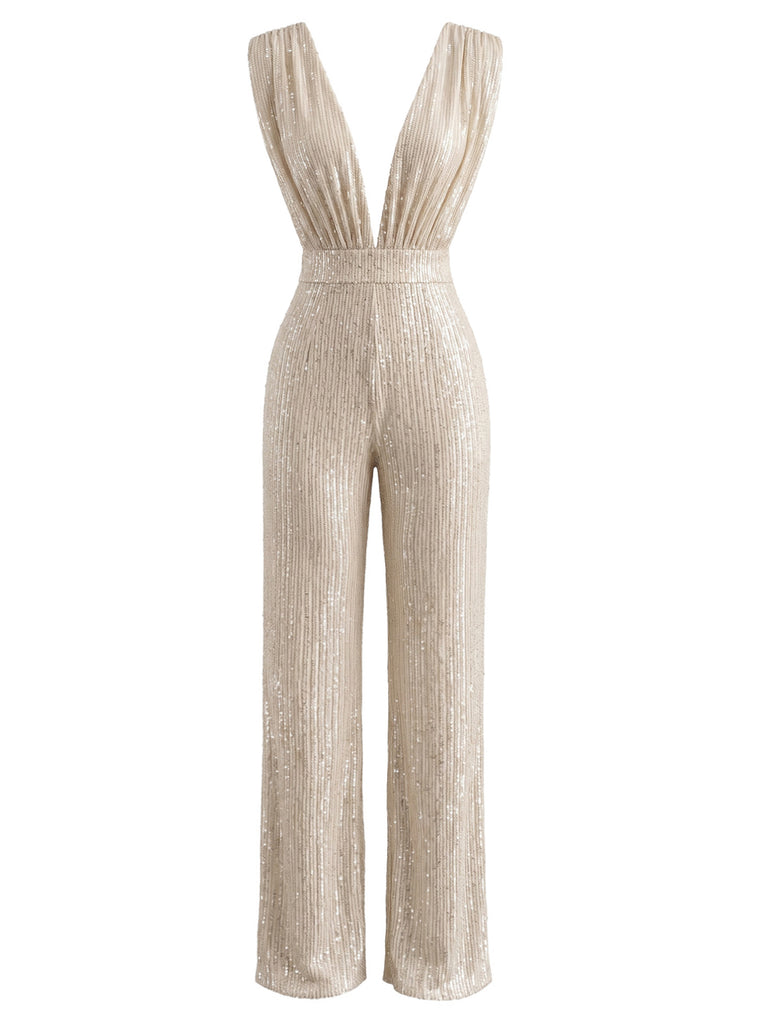 Tuta Lunga Champagne Anni '80 con Paillettes Scollo a V Profondo e Gamba Larga