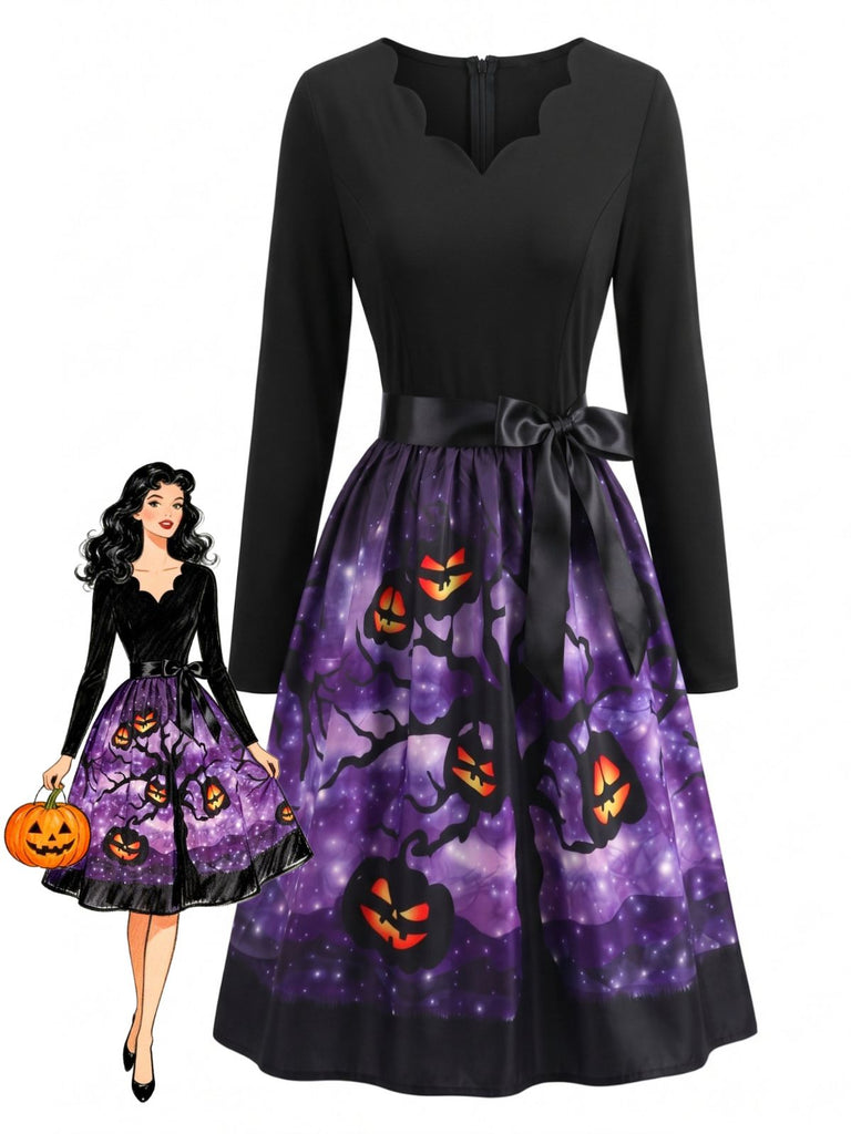 Abito Viola Anni '50 per Halloween con Scollo a Petalo di Zucca e Fiocco in Vita