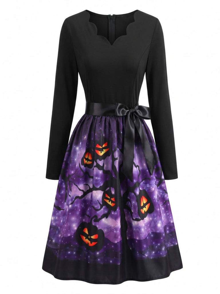 Abito Viola Anni '50 per Halloween con Scollo a Petalo di Zucca e Fiocco in Vita 2