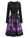Abito Viola Anni '50 per Halloween con Scollo a Petalo di Zucca e Fiocco in Vita 2