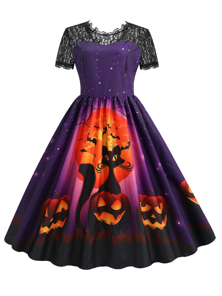Abito swing anni '50 viola di Halloween con stampa di gatti e zucche e pizzo