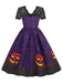 Abito swing anni '50 viola di Halloween con stampa di gatti e zucche e pizzo 2