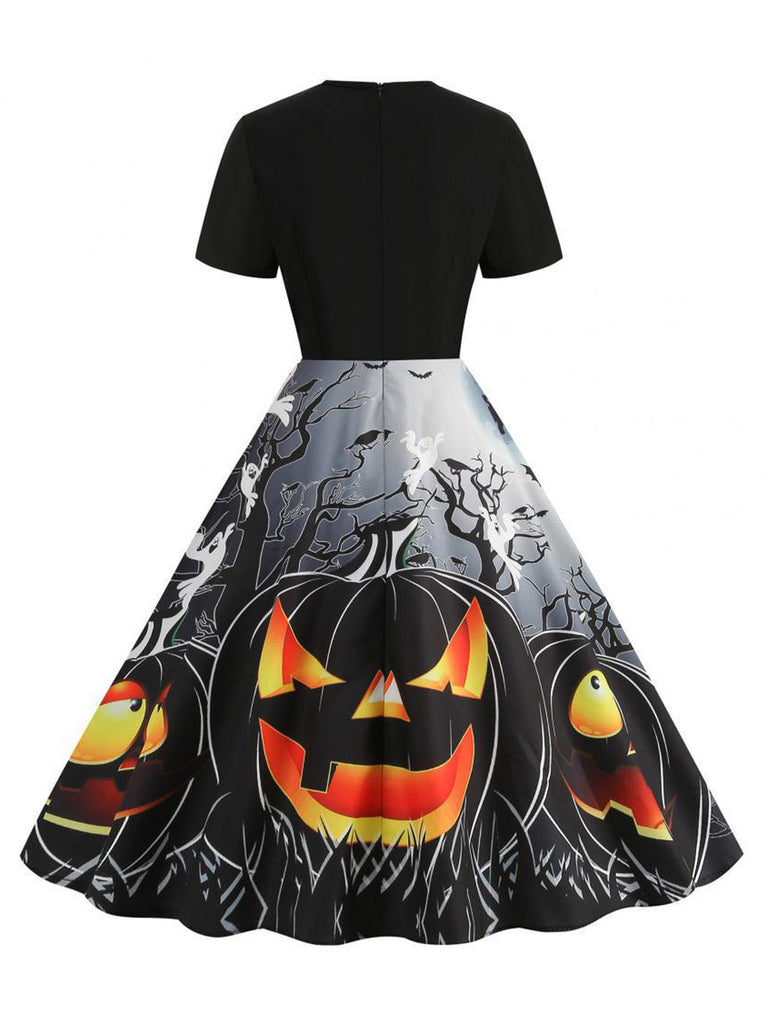 Abito a Ruota Nero Anni '50 di Halloween con Stampa Ragnatela e Zucca 3