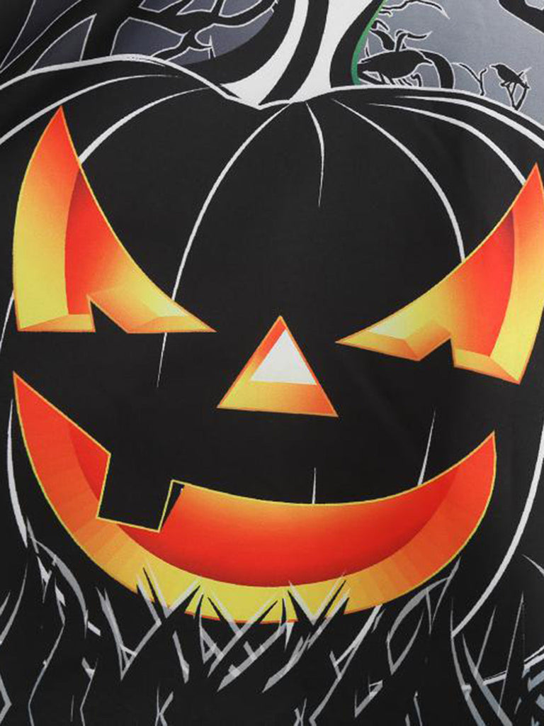 Abito a Ruota Nero Anni '50 di Halloween con Stampa Ragnatela e Zucca 5