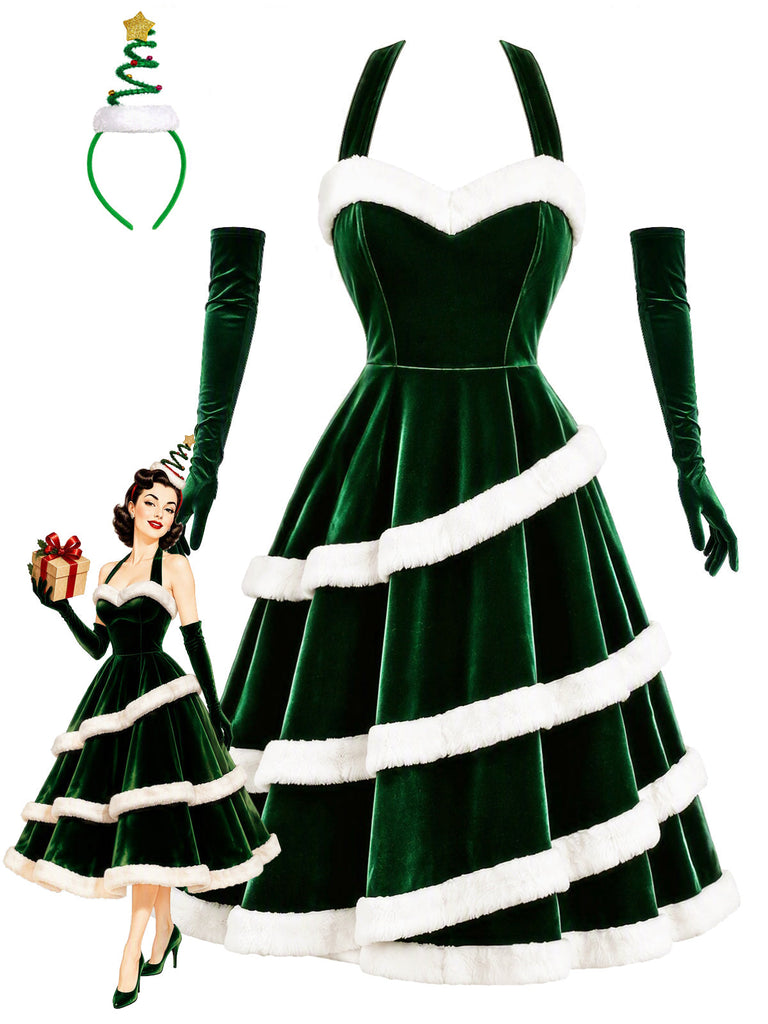 [Prevendita] Abito Verde Anni '50 in Velluto con Albero di Natale e Linea ad A 2