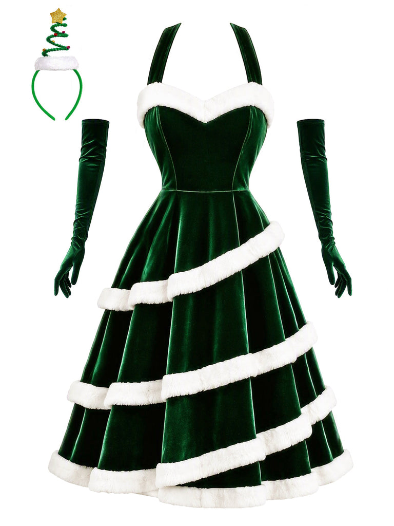 [Prevendita] Abito Verde Anni '50 in Velluto con Albero di Natale e Linea ad A