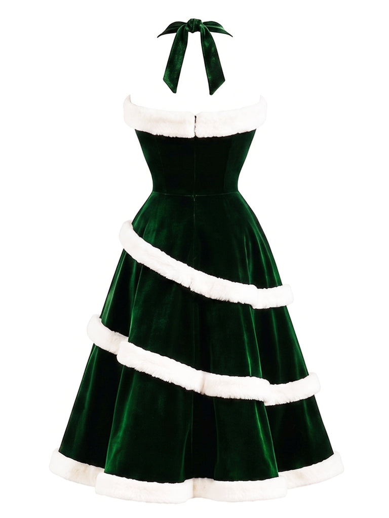 [Prevendita] Abito Verde Anni '50 in Velluto con Albero di Natale e Linea ad A 3