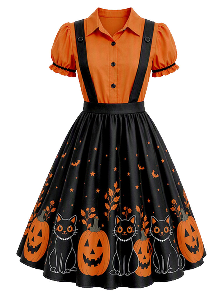 [Prevendita] Abito a Ruota Arancione Anni '50 di Halloween con Stampa Zucca Effetto Due Pezzi 2