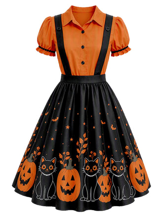 [Prevendita] Abito a Ruota Arancione Anni '50 di Halloween con Stampa Zucca Effetto Due Pezzi 2
