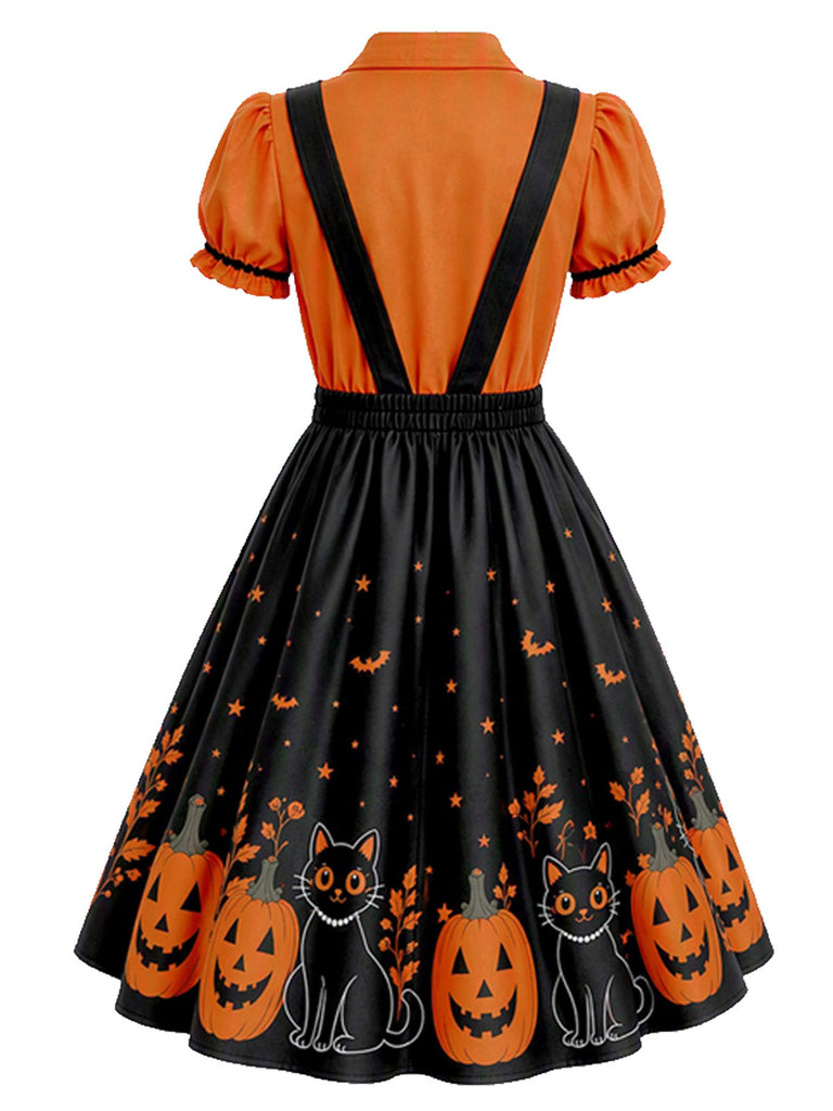 [Prevendita] Abito a Ruota Arancione Anni '50 di Halloween con Stampa Zucca Effetto Due Pezzi 3