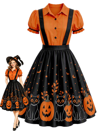 [Prevendita] Abito a Ruota Arancione Anni '50 di Halloween con Stampa Zucca Effetto Due Pezzi