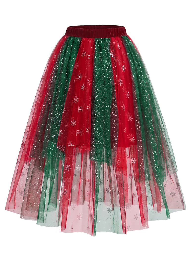 [Prevendita] Completo di Due Pezzi Natalizio Anni '50 con Top in Pelliccia Sintetica con Spalle Scoperte e Fiocchi di Neve e Gonna in Rete