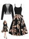 Completo Abito e Bolero Dorato Anni '50 con Stampa di Palme e Spalline Sottili e Fiocco in Vita