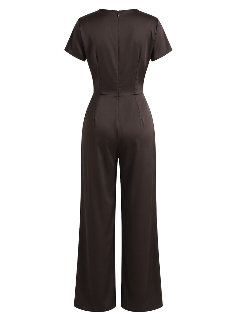 Tuta anni '50 in raso marrone scuro con scollo drappeggiato e pantaloni a gamba larga 3