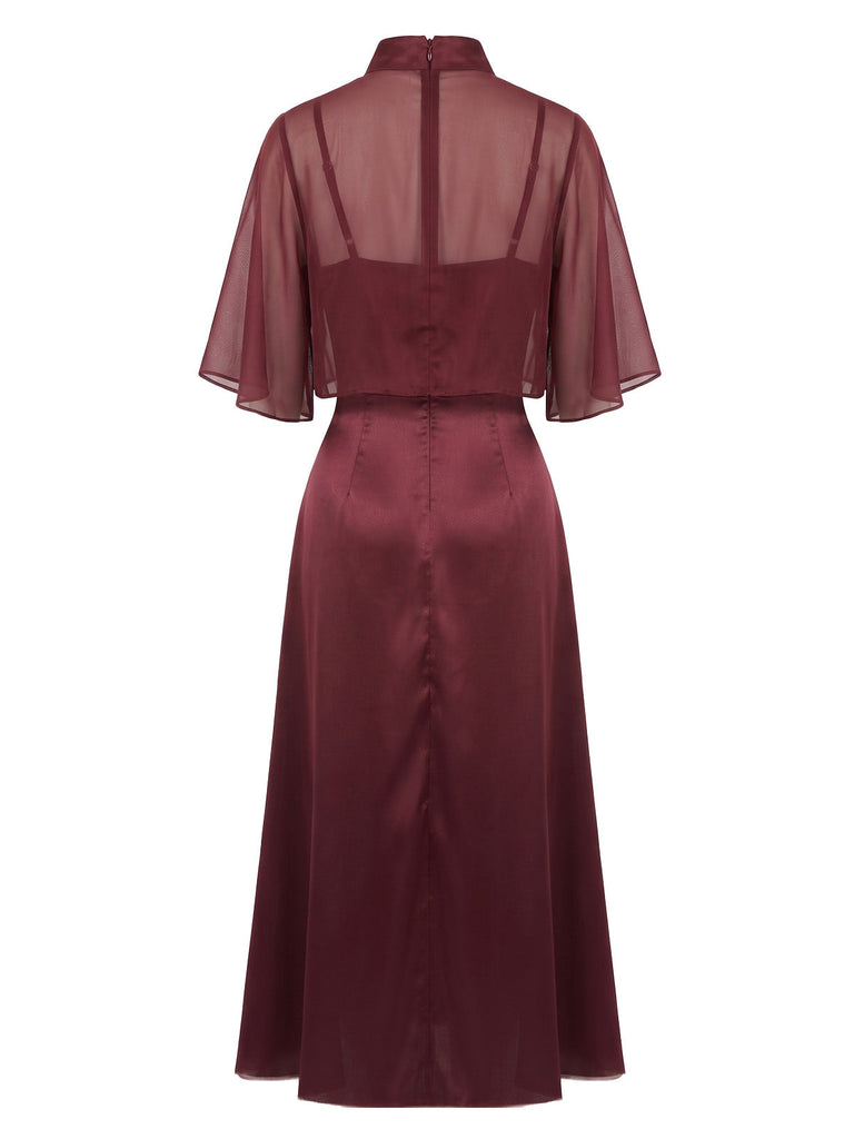Completo Abito Sottoveste e Scialle Rosso Vino Anni '40 in Raso Tinta Unita 5