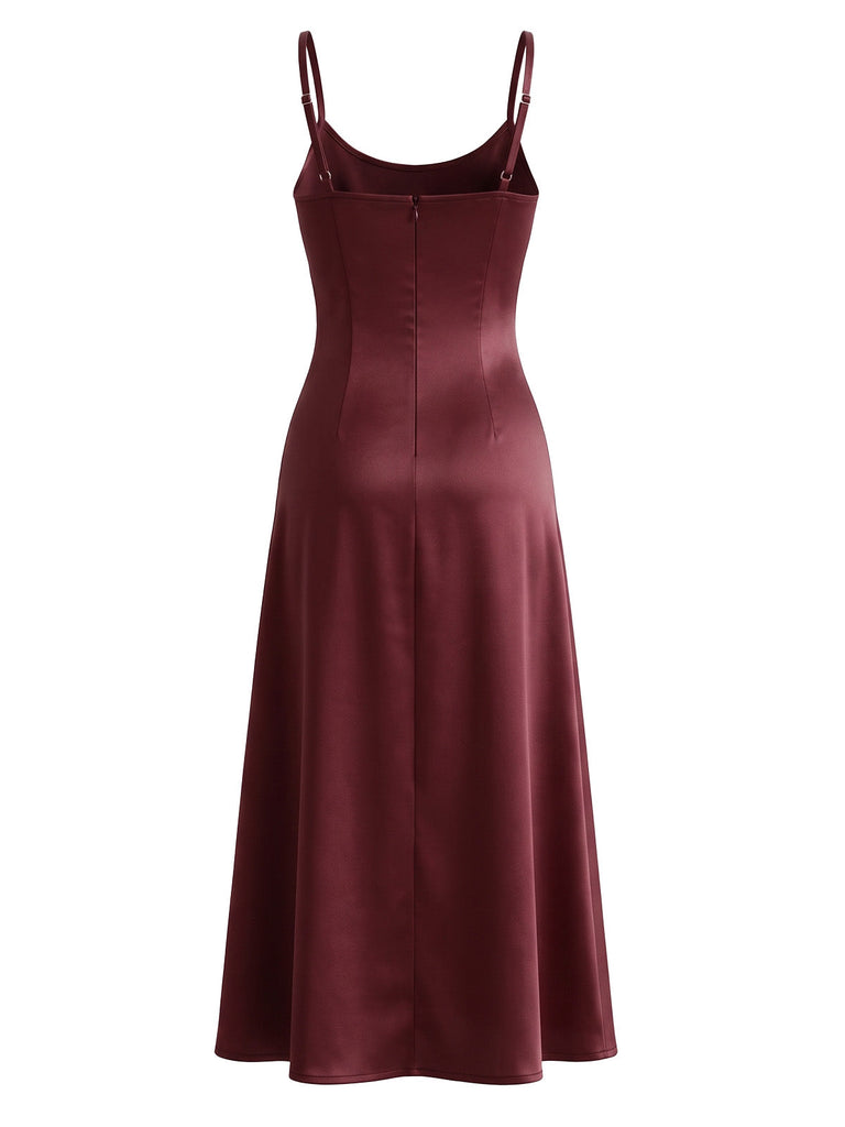 Completo Abito Sottoveste e Scialle Rosso Vino Anni '40 in Raso Tinta Unita 6