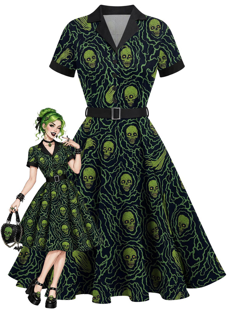 [Prevendita] Abito swing anni '50 verde e nero di Halloween con scheletri
