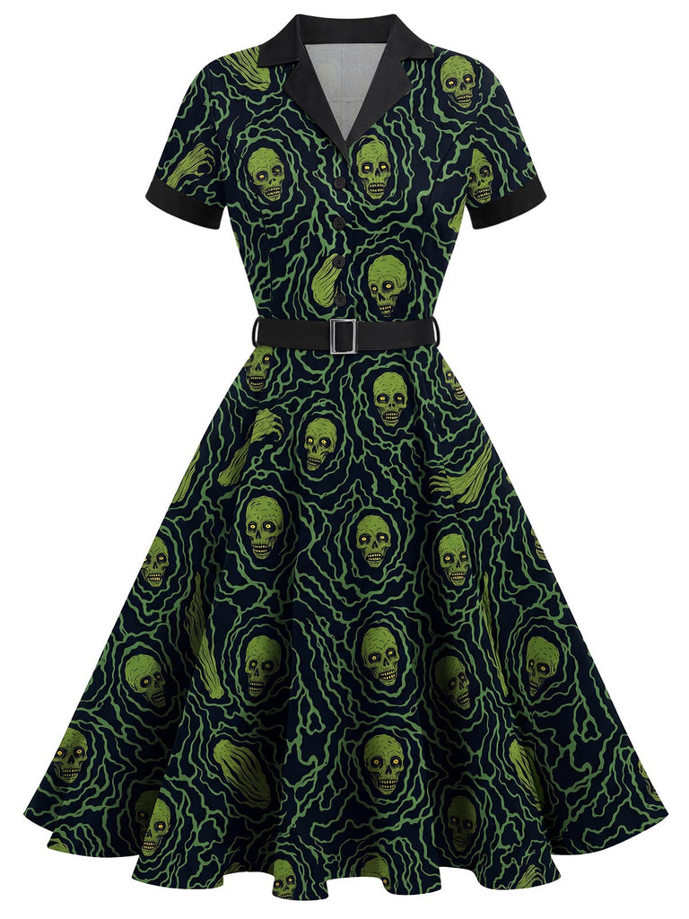 [Prevendita] Abito swing anni '50 verde e nero di Halloween con scheletri 2