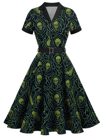 [Prevendita] Abito swing anni '50 verde e nero di Halloween con scheletri 2