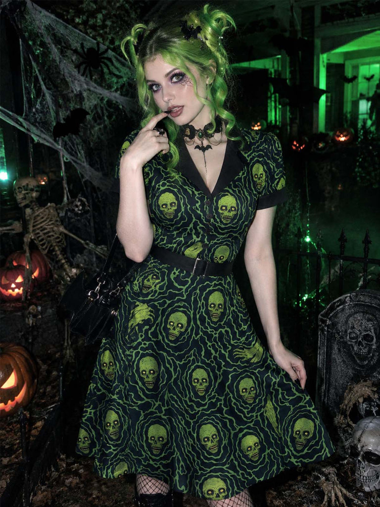[Prevendita] Abito swing anni '50 verde e nero di Halloween con scheletri 3